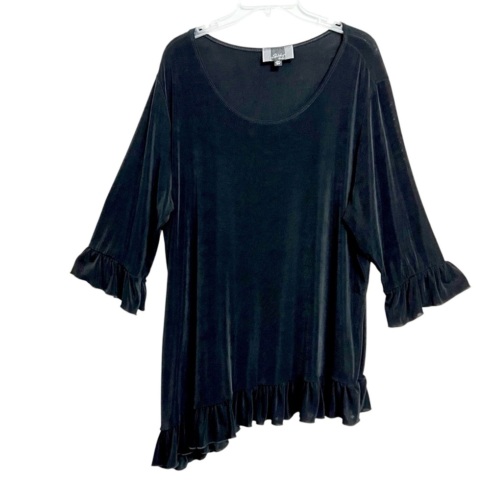 Slinky Brand Lagenlook Asymmetric Ruffle Top Womens 2X Black Jersey Stretch
